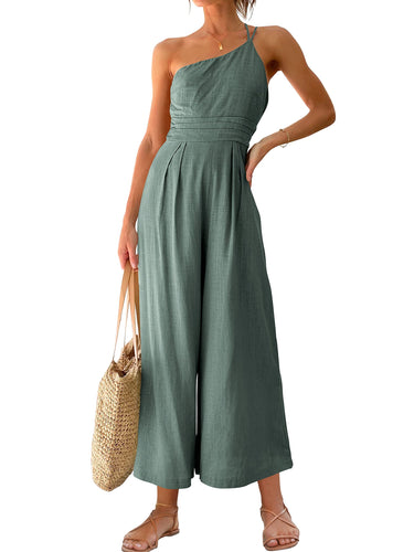 One Shoulder Pleated High Waist Casual Wide Leg Jumpsuit Romper with Pockets
