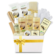 Load image into Gallery viewer, Vanilla Coconut Spa Gift Set Bath & Body Gift Basket. Natural Large Spa Basket