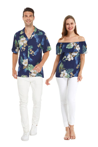 His and Hers matching Hawaiian Shirt and Off-Shoulder Ruffle Blouse