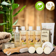 Load image into Gallery viewer, Vanilla Coconut Spa Gift Set Bath & Body Gift Basket. Natural Large Spa Basket