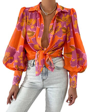 Load image into Gallery viewer, Floral Front Tie Bell Sleeved Blouse