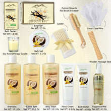Load image into Gallery viewer, Vanilla Coconut Spa Gift Set Bath & Body Gift Basket. Natural Large Spa Basket