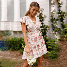 Load image into Gallery viewer, Beach Bohemian Low Cut Ruffled Mini Dress