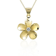 Load image into Gallery viewer, 14k Yellow Gold Plated Sterling Silver CZ Plumeria Pendant Necklace with 18" Box Chain