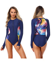 Load image into Gallery viewer, Womens Long Sleeve Rash Guard UV UPF 50+ Sun Protection Printed Zipper Surfing One Piece Swimsuit