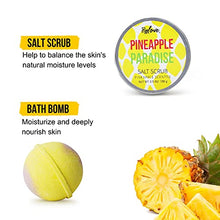 Load image into Gallery viewer, 5 Piece Bath and Body Set with Pineapple Scented Includes Essential Oil, Scented Candle, Bath Salt, Bath Bomb and Salt Scrub. Perfect Gift Box
