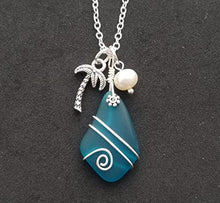 Load image into Gallery viewer, Handmade wire wrapped teal blue sea glass necklace, Tropical Palm tree, Natural pearl, (Hawaii Gift Wrapped)