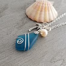 Load image into Gallery viewer, Handmade wire wrapped teal blue sea glass necklace, Tropical Palm tree, Natural pearl, (Hawaii Gift Wrapped)