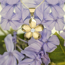 Load image into Gallery viewer, 14k Yellow Gold Plated Sterling Silver CZ Plumeria Pendant Necklace with 18" Box Chain
