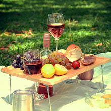 Load image into Gallery viewer, Outdoor Wine Picnic Table, Folding Portable Bamboo Wine Glasses & Bottle, Snack and Cheese Holder Tray for Concerts at Park, Beach, Ideal Wine Lover Gift