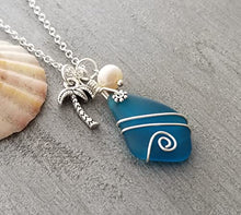 Load image into Gallery viewer, Handmade wire wrapped teal blue sea glass necklace, Tropical Palm tree, Natural pearl, (Hawaii Gift Wrapped)