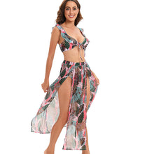 Load image into Gallery viewer, Tropical Print Ruffled Lace-up Three-piece Bikini and Slit Skirt
