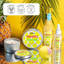 Load image into Gallery viewer, 5 Piece Bath and Body Set with Pineapple Scented Includes Essential Oil, Scented Candle, Bath Salt, Bath Bomb and Salt Scrub. Perfect Gift Box