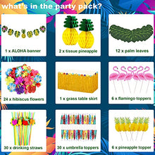 Load image into Gallery viewer, Luau Party Decorations (112 PCS) Including Banner, Table Skirt, Straws, Flamingo, Pineapple Décors.