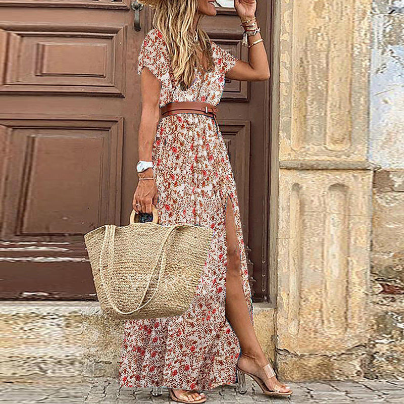 Casual V Neck Boho Chic Maxi Dress with Belt – Lizzie Lahaina Couture Swimwear Made In Maui