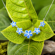 Load image into Gallery viewer, Sterling Silver Five Plumeria Flower Necklace with Simulated Blue Opal
