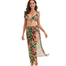 Load image into Gallery viewer, Tropical Print Ruffled Lace-up Three-piece Bikini and Slit Skirt