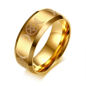 Triple Goddess Ring for Men 8mm Stainless Steel Star & Moon Alliance