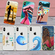 Load image into Gallery viewer, Surfboard and Surfing sunset Cool Soft Transparent TPU Phone Case For iPhone8 8Plus 7 7Plus 6DPlus 5S SE Surfer girl Case