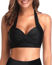 Load image into Gallery viewer, Retro Black Push Up Halter Padded Swimsuit Top Only (up to 24 Plus)