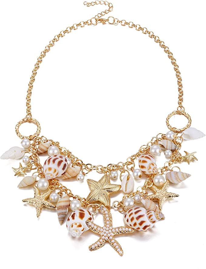 Ornate Pearl Starfish & Shell Necklace