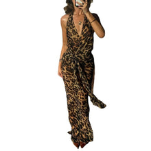 Load image into Gallery viewer, Leopard Print Halter Dress Deep V Neck with Sash