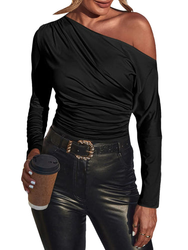 Silky Off The Shoulder Ruched Long Sleeve Shirt in Black