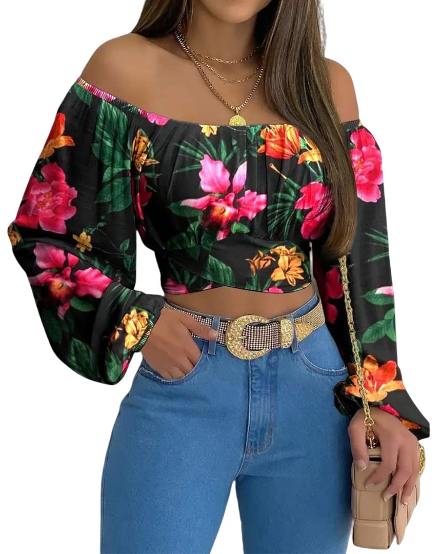 Off Shoulder Crop Top Ruched Lantern Sleeve Blouse