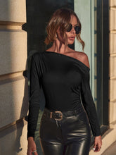 Load image into Gallery viewer, Silky Off The Shoulder Ruched Long Sleeve Shirt in Black