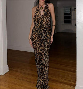 Leopard Print Halter Dress Deep V Neck with Sash