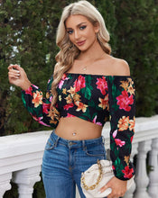 Load image into Gallery viewer, Off Shoulder Crop Top Ruched Lantern Sleeve Blouse