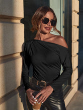 Load image into Gallery viewer, Silky Off The Shoulder Ruched Long Sleeve Shirt in Black