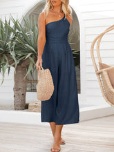 Load image into Gallery viewer, One Shoulder Pleated High Waist Casual Wide Leg Romper with Pockets