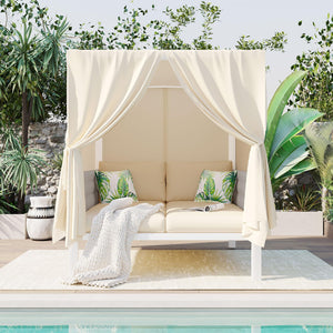 Outdoor Patio Wicker Sun Bed  with Moveable Canopy and Cushion