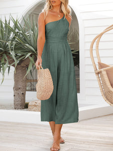 One Shoulder Pleated High Waist Casual Wide Leg Jumpsuit Romper with Pockets