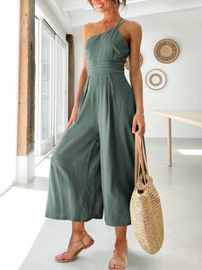 One Shoulder Pleated High Waist Casual Wide Leg Jumpsuit Romper with Pockets