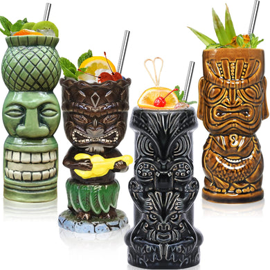 Set of 4 Ceramic Tropical Tiki Mugs