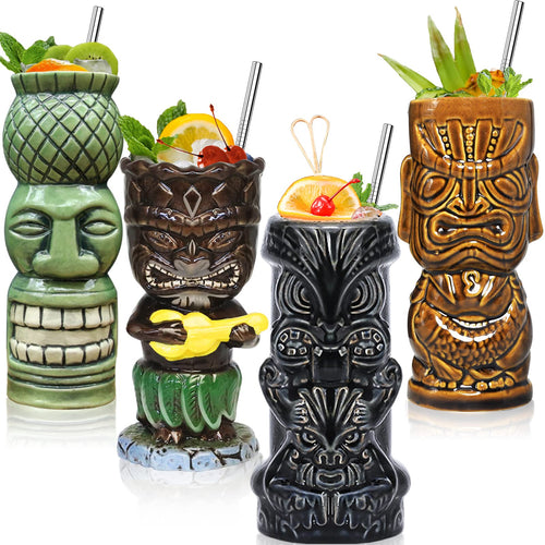 Set of 4 Ceramic Tropical Tiki Mugs