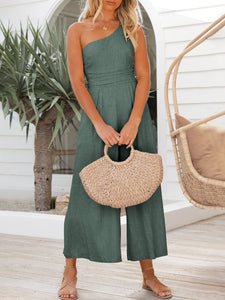 One Shoulder Pleated High Waist Casual Wide Leg Jumpsuit Romper with Pockets