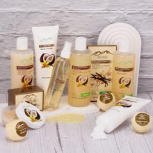 Load image into Gallery viewer, Vanilla Coconut Spa Gift Set Bath &amp; Body Gift Basket. Natural Large Spa Basket