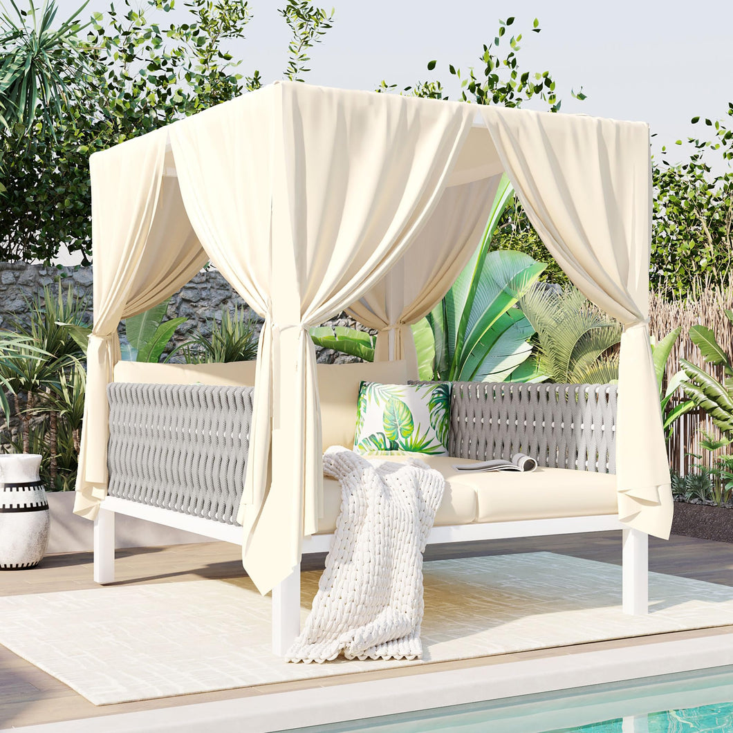 Outdoor Patio Wicker Sun Bed  with Moveable Canopy and Cushion