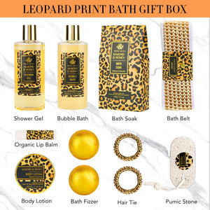 Deluxe 20 Pcs Skin Care Set Leopard Print. Home Spa Kits with Shower Gel, Body Lotion, Manicure Set.