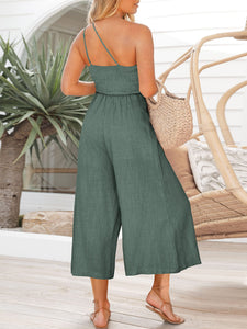 One Shoulder Pleated High Waist Casual Wide Leg Jumpsuit Romper with Pockets