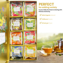 Load image into Gallery viewer, Premium Organic Tea Bag 80 Pack Sampler Designer Tin Book Gift Set 10 Per Flavor Assorted Variety Exotic Fruit Herbal Black And Green Teas Individually Wrapped (8 Flavors)