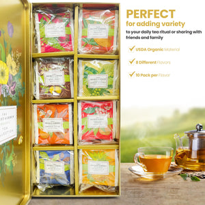 Premium Organic Tea Bag 80 Pack Sampler Designer Tin Book Gift Set 10 Per Flavor Assorted Variety Exotic Fruit Herbal Black And Green Teas Individually Wrapped (8 Flavors)