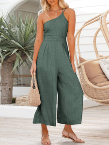 One Shoulder Pleated High Waist Casual Wide Leg Jumpsuit Romper with Pockets