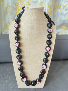 Hand Painted 32" Mens and Womens Genuine Black Kukui Nut  Lei with Pink Hibiscus