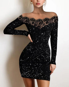 Off Shoulder Sparkling Black Lace Body Dress