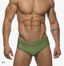 Load image into Gallery viewer, Men Military Green Bikini Low Rise Swim Trunks