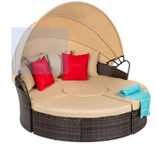 Load image into Gallery viewer, Rattan Outdoor Daybed w Pillows, Adjustable Seats, Clips, Retractable Canopy, Cover, Weather-Resistant Cushions